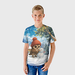 Футболка детская Совушка в шапочке лепит снеговика, цвет: 3D-принт — фото 2