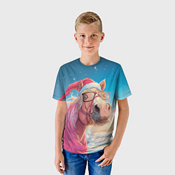 Футболка детская Новогодняя лошадь в очках, цвет: 3D-принт — фото 2