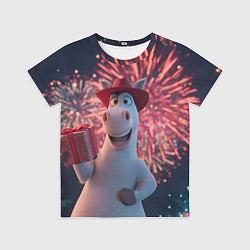 Футболка детская Лошадь с подарком на фоне салюта, цвет: 3D-принт