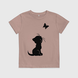 Футболка хлопковая детская Котенок и бабочка, цвет: пыльно-розовый