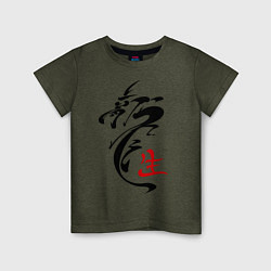 Футболка хлопковая детская Иероглиф дракон, цвет: меланж-хаки