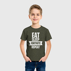 Футболка хлопковая детская Eat Sleep Fortnite Repeat, цвет: меланж-хаки — фото 2