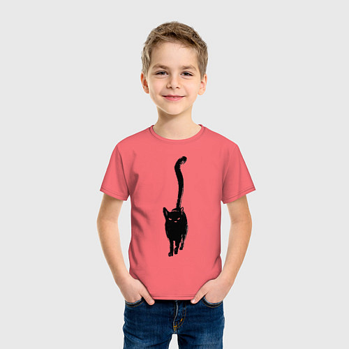 Детская футболка Черный кот тушью / Коралловый – фото 3