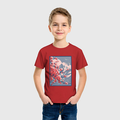 Детская футболка Цветение Сакуры на фоне Фудзи / Красный – фото 3