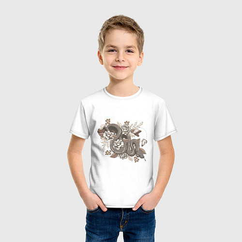 Детская футболка Черная змея и цветы / Белый – фото 3