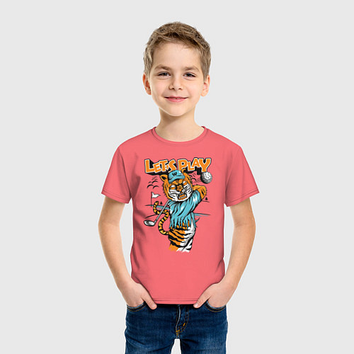Детская футболка Тигр игрок в гольф / Коралловый – фото 3