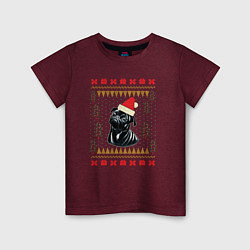 Футболка хлопковая детская Рождественский свитер Черный мопс, цвет: меланж-бордовый