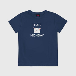 Футболка хлопковая детская I hate monday текст с котом, цвет: тёмно-синий