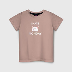 Футболка хлопковая детская I hate monday текст с котом, цвет: пыльно-розовый