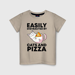 Футболка хлопковая детская Легко отвлекаюсь на котов и пиццу, цвет: миндальный