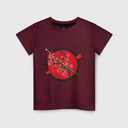 Футболка хлопковая детская Японский меч, катана и ветви с красными цветами, цвет: меланж-бордовый