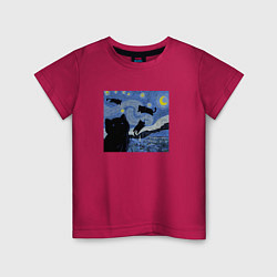Футболка хлопковая детская Звездная Ночь Ван Гога с Котиками, цвет: маджента