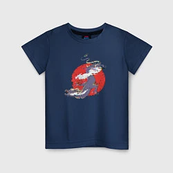 Футболка хлопковая детская Дизайн с драконом на фоне красного солнца с эффект, цвет: тёмно-синий