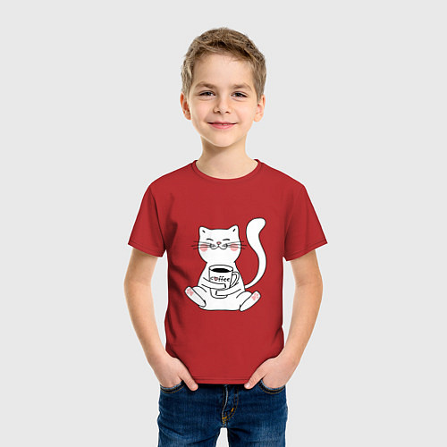 Детская футболка Белый кот с кофе / Красный – фото 3