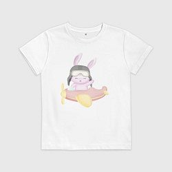 Футболка хлопковая детская Милый Крольчонок На Самолётике, цвет: белый
