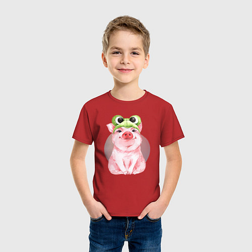 Детская футболка Милый поросенок в шапке-лягушке / Красный – фото 3