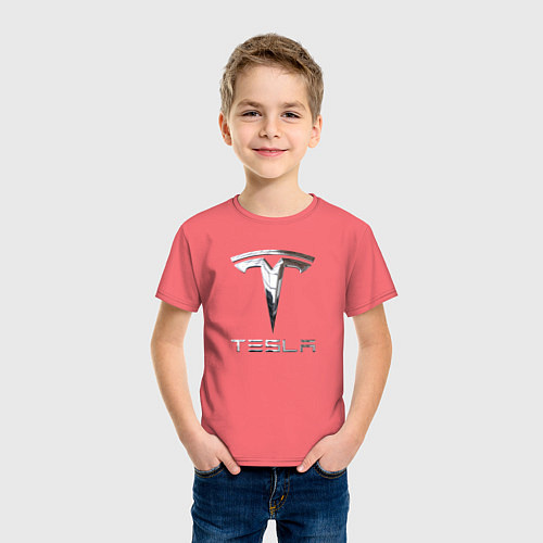 Детская футболка Tesla Logo Тесла Логотип / Коралловый – фото 3