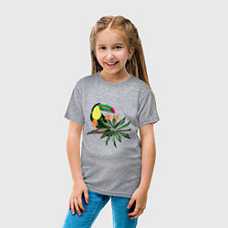 Футболка хлопковая детская Птица тукан с цветами и листьями, цвет: меланж — фото 2
