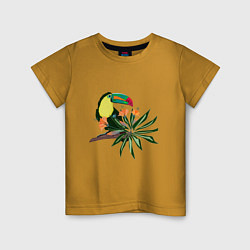 Футболка хлопковая детская Птица тукан с цветами и листьями, цвет: горчичный