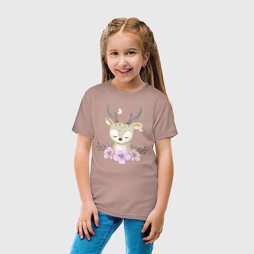 Детская футболка Милый Оленёнок С Цветочками / Пыльно-розовый – фото 4