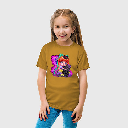 Детская футболка Рыжая девочка фея с черным котенком / Горчичный – фото 4