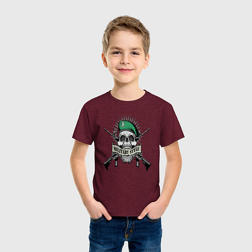 Детская футболка Военный череп с оружием / Меланж-бордовый – фото 3