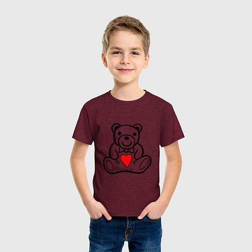 Детская футболка Плюшевый Миша с сердечком / Меланж-бордовый – фото 3