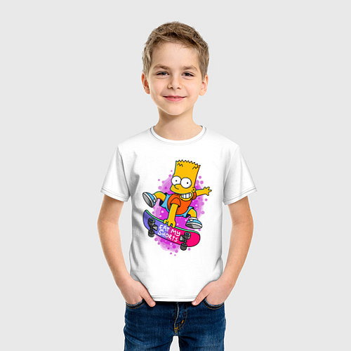 Детская футболка Барт Симпсон на скейтборде - Eat my shorts! / Белый – фото 3
