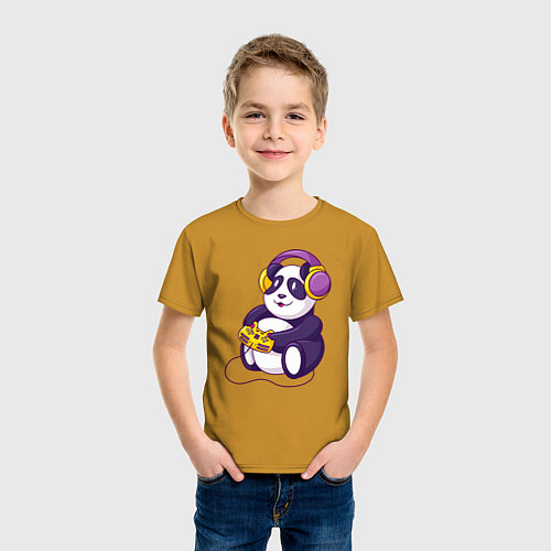 Детская футболка Панда в наушниках с геймпадом / Горчичный – фото 3
