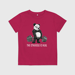 Футболка хлопковая детская Это настоящая борьба - панда штангист, цвет: маджента