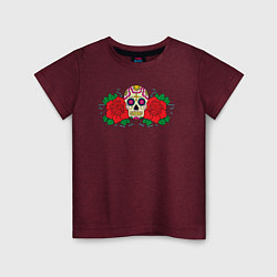 Футболка хлопковая детская Мексиканский череп и розы, цвет: меланж-бордовый