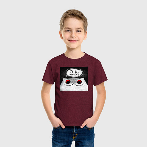 Детская футболка Мрачный кот - Ok, human / Меланж-бордовый – фото 3