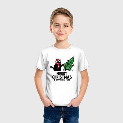 Детская футболка Кот роняет новогоднюю ёлку / Белый – фото 3