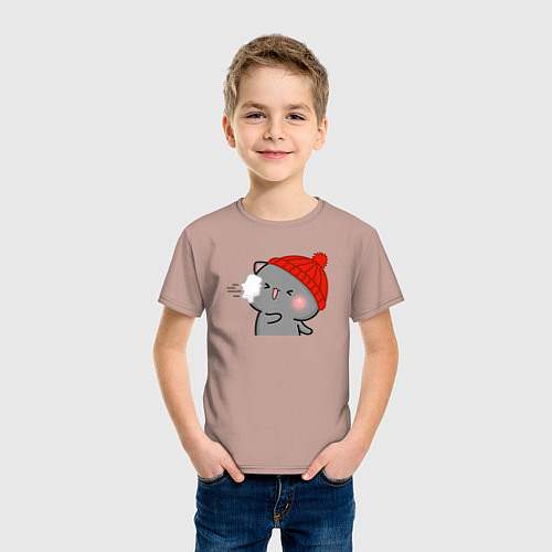 Детская футболка Игра в снежки - серый котик / Пыльно-розовый – фото 3