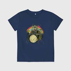 Футболка хлопковая детская Зомби кот барабанщик, цвет: тёмно-синий