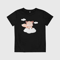 Футболка хлопковая детская Милый лисёнок на облаке нежиться, цвет: черный