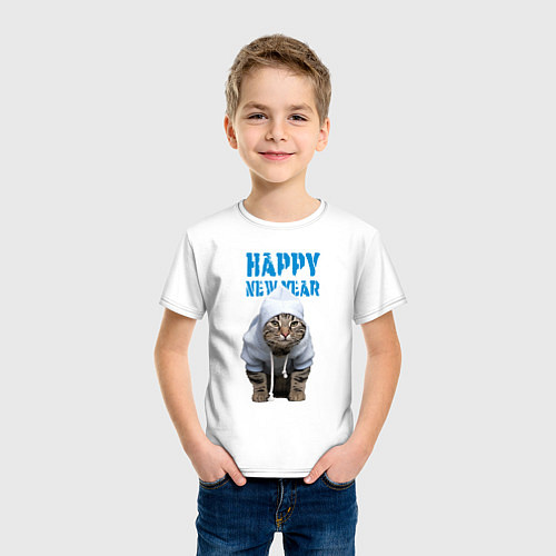 Детская футболка Happy New Year - Прикольный котик / Белый – фото 3
