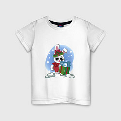 Футболка хлопковая детская Rabbit with a New Years gift, цвет: белый