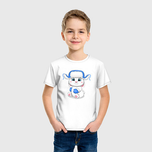 Детская футболка Зайчик в шапке ушанке / Белый – фото 3