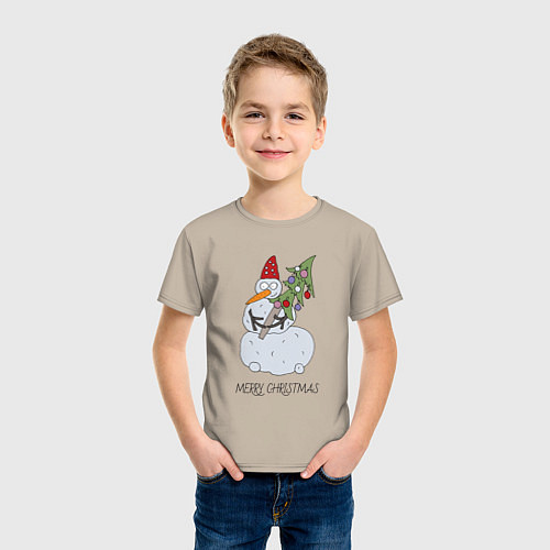 Детская футболка Снеговик с новогодней ёлкой в Руках / Миндальный – фото 3