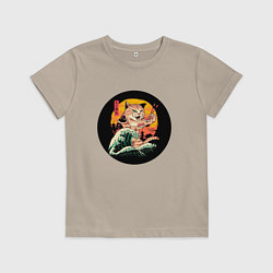 Футболка хлопковая детская Большой японский кот с суши, цвет: миндальный
