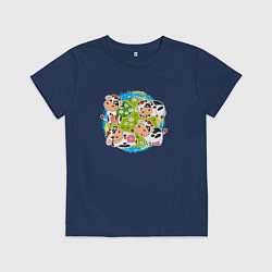 Футболка хлопковая детская Мультяшные коровки на лугу, цвет: тёмно-синий
