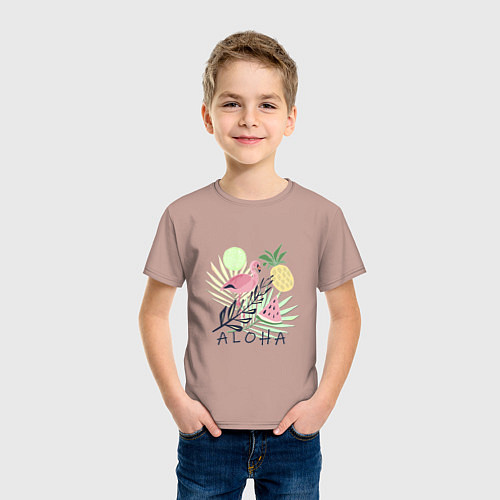 Детская футболка Розовый фламинго в листьях с фруктами / Пыльно-розовый – фото 3