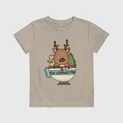 Футболка хлопковая детская Новогодний олень в кружке, цвет: миндальный