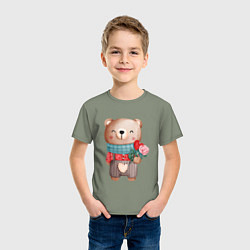 Футболка хлопковая детская Мишка с розочкой, цвет: авокадо — фото 2