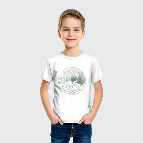 Детская футболка Тоторо серфит на большой волне в канагаве - зелены / Белый – фото 3