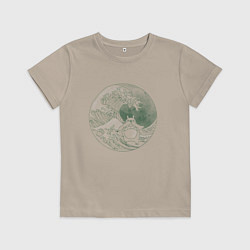 Футболка хлопковая детская Тоторо серфит на большой волне в канагаве - зелены, цвет: миндальный