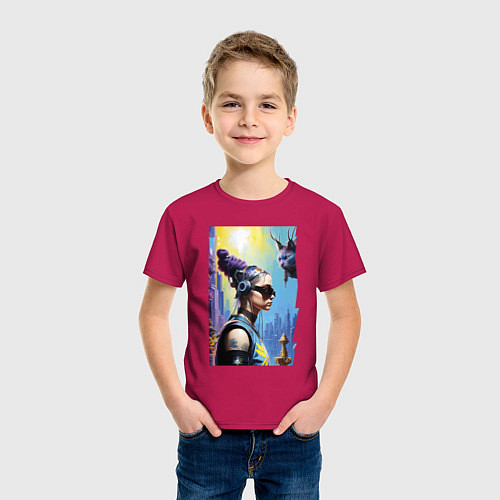Детская футболка Cyberpunk - neural network - fantasy with cat / Маджента – фото 3