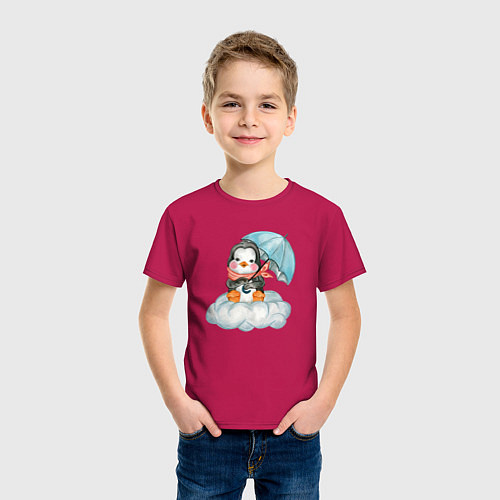 Детская футболка Пингвин на облаке с зонтом / Маджента – фото 3