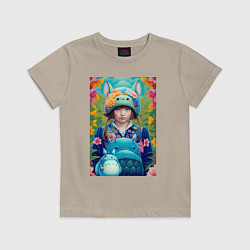 Футболка хлопковая детская Girl with Totoro - fantasy - neural network, цвет: миндальный